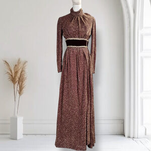 Vintage 70s Lurex Velvet Formal Dress Mock Neck Metallic Boho Holiday 0